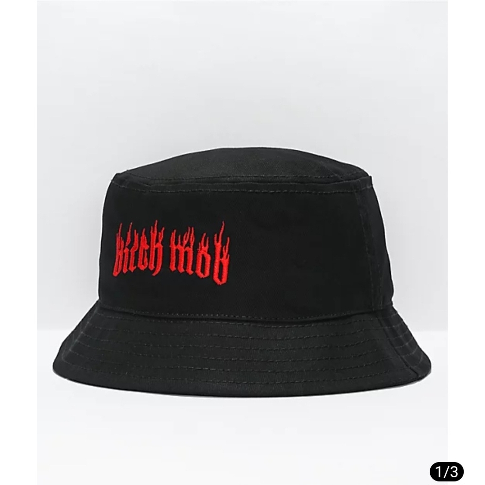 Zumiez Black Bucket Hat with Red Flame Script